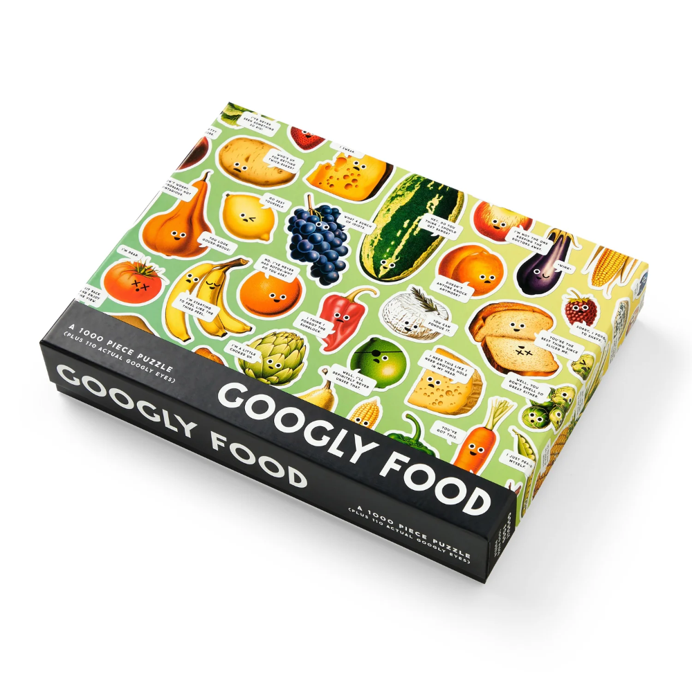 Box of 'Googly Food' puzzle with colorful illustrations of food items on a white background