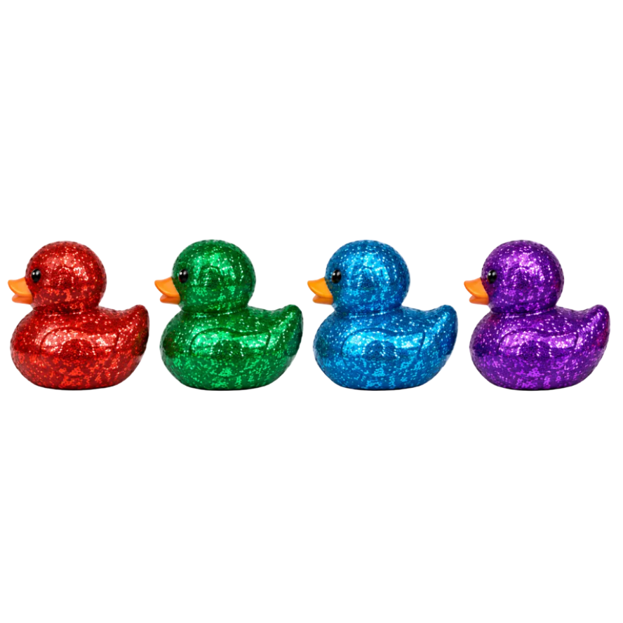 Four glittery rubber ducks in red, green, blue, and purple, lined up side by side on a plain white background.