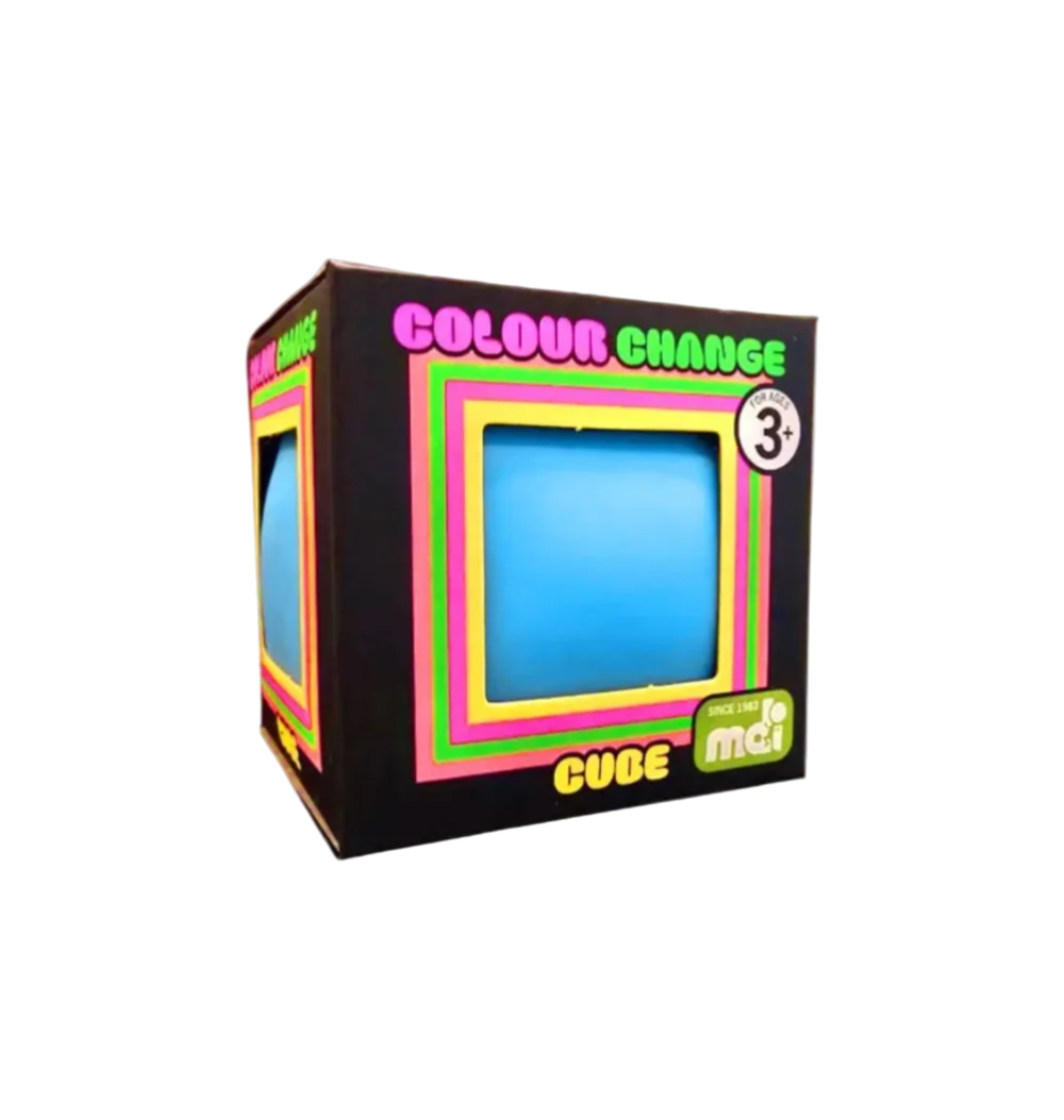 A boxed toy cube with a black box featuring neon pink, green, yellow, and blue graphics. The front has a square window showing a bright blue cube inside, with text reading 'COLOUR CHANGE', 'CUBE', and a '3+' age mark.