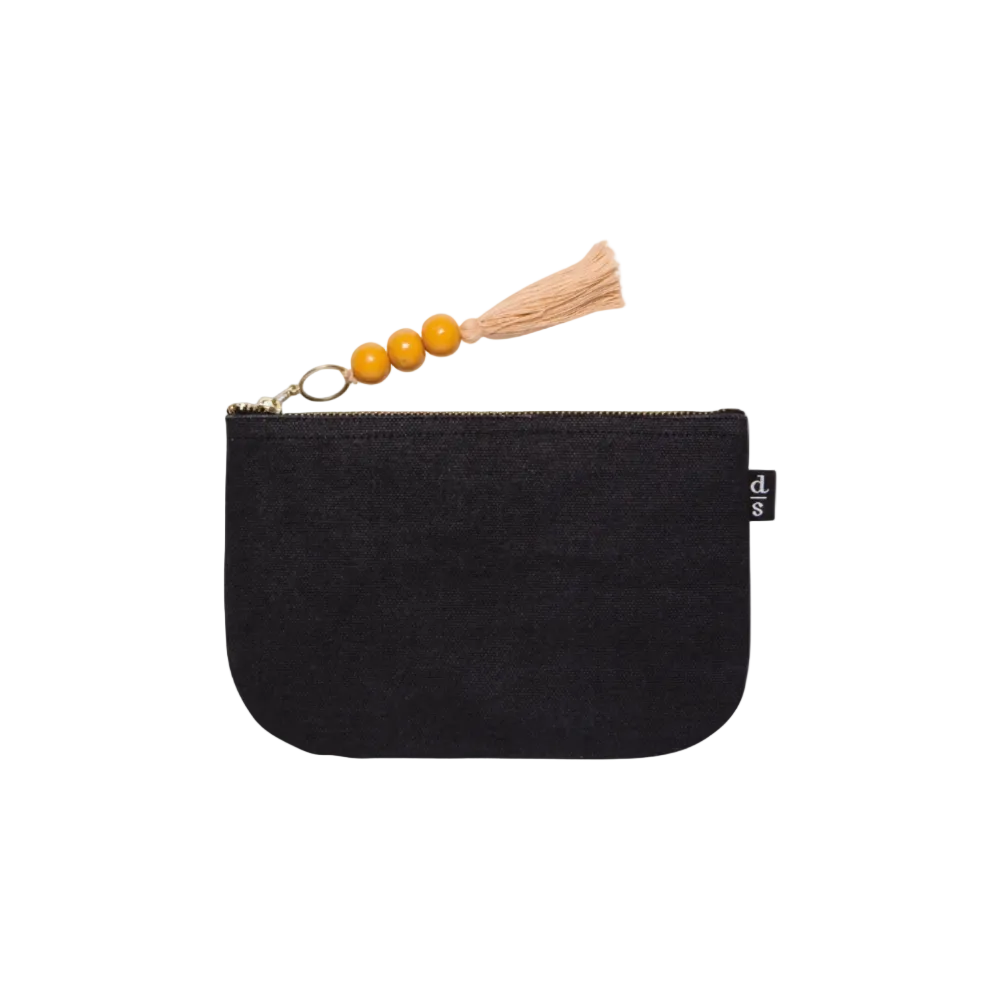 Black pouch with a tassel and beads on a white background