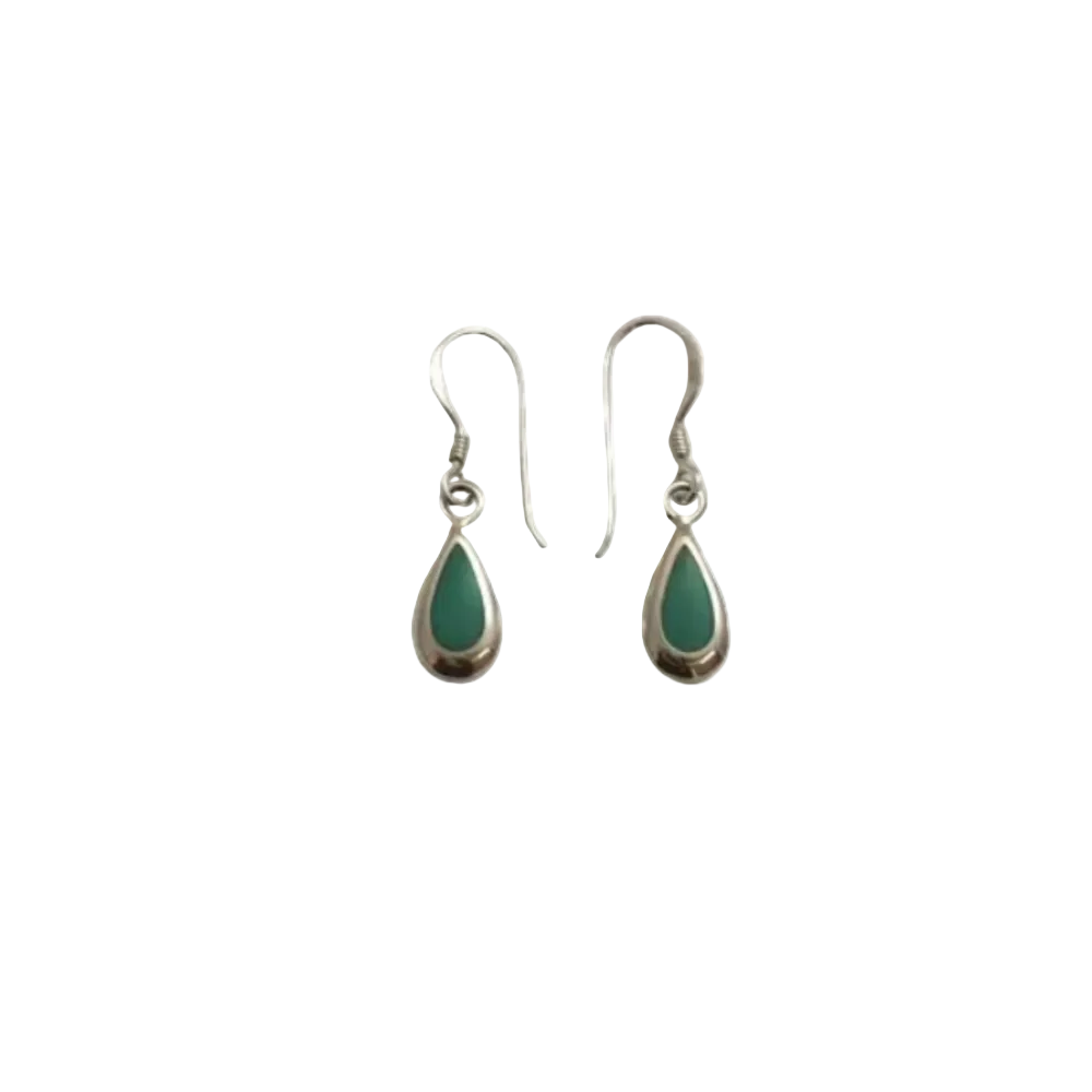 A pair of silver teardrop dangle earrings with a smooth, polished green stone in the center, displayed on a light gray background.