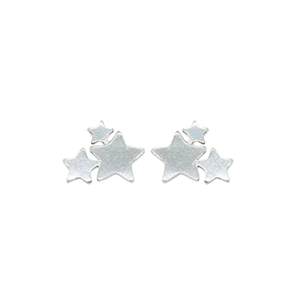 A pair of silver star-shaped stud earrings on a plain white background.