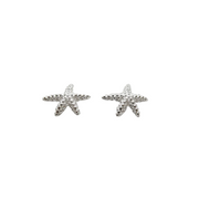 A pair of silver starfish stud earrings with textured, beaded edges, displayed on a clean white background.