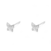 A pair of silver butterfly stud earrings on a clean white background.