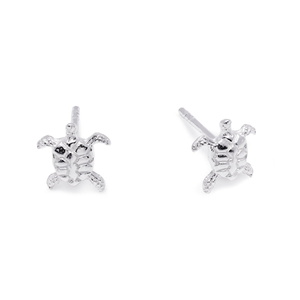 A pair of silver turtle stud earrings shown on a plain white background, with one earring facing forward and the other angled to show the post.
