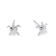 A pair of silver turtle stud earrings shown on a plain white background, with one earring facing forward and the other angled to show the post.