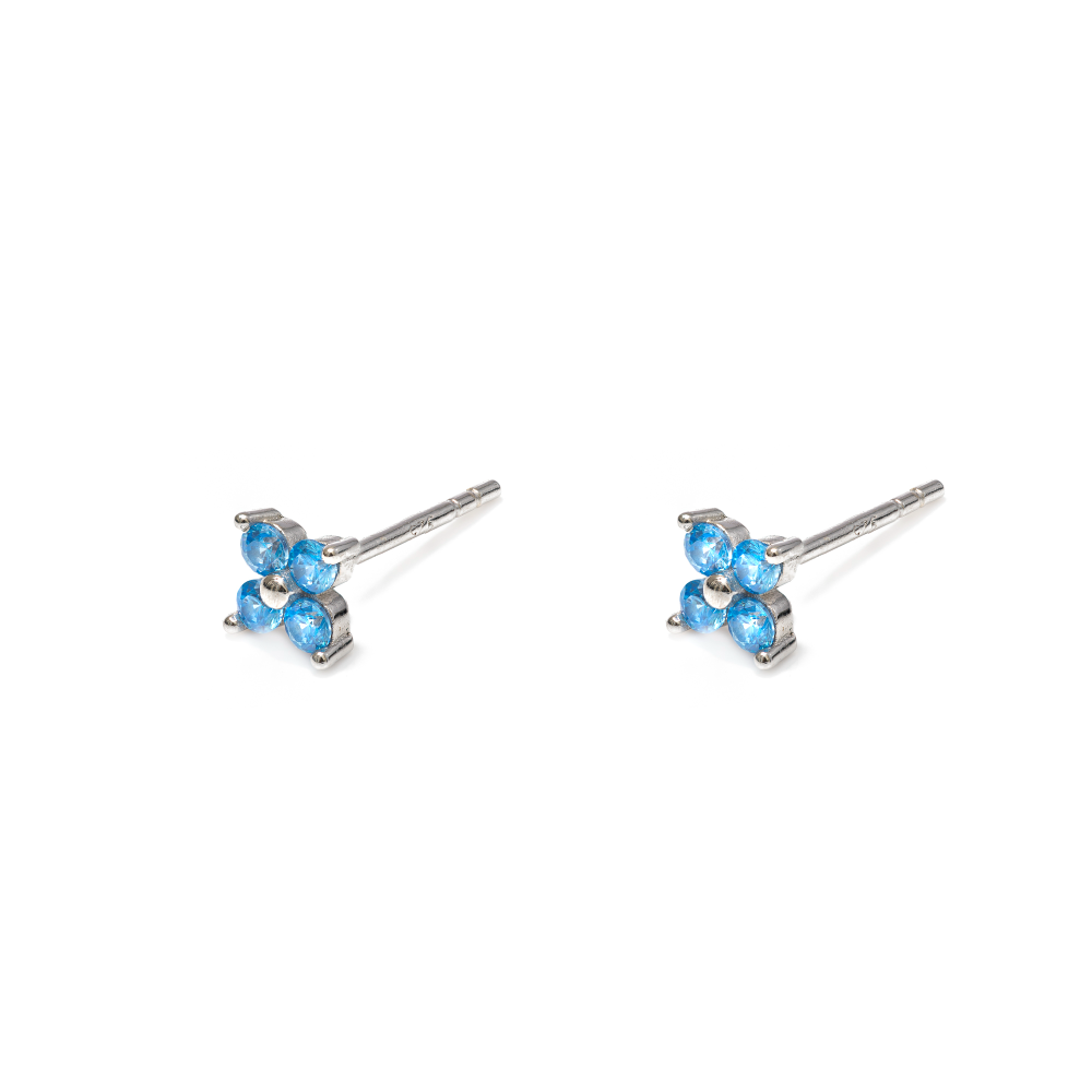 Iko Iko Studs Four Petal Flower Aqua Blue CZs Silver