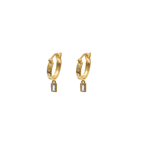 Iko Iko Earrings Mini Hoops Clear CZ Starbursts with Hanging CZ Gold