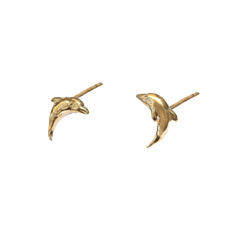 A pair of gold dolphin stud earrings shown from the back on a plain white background.