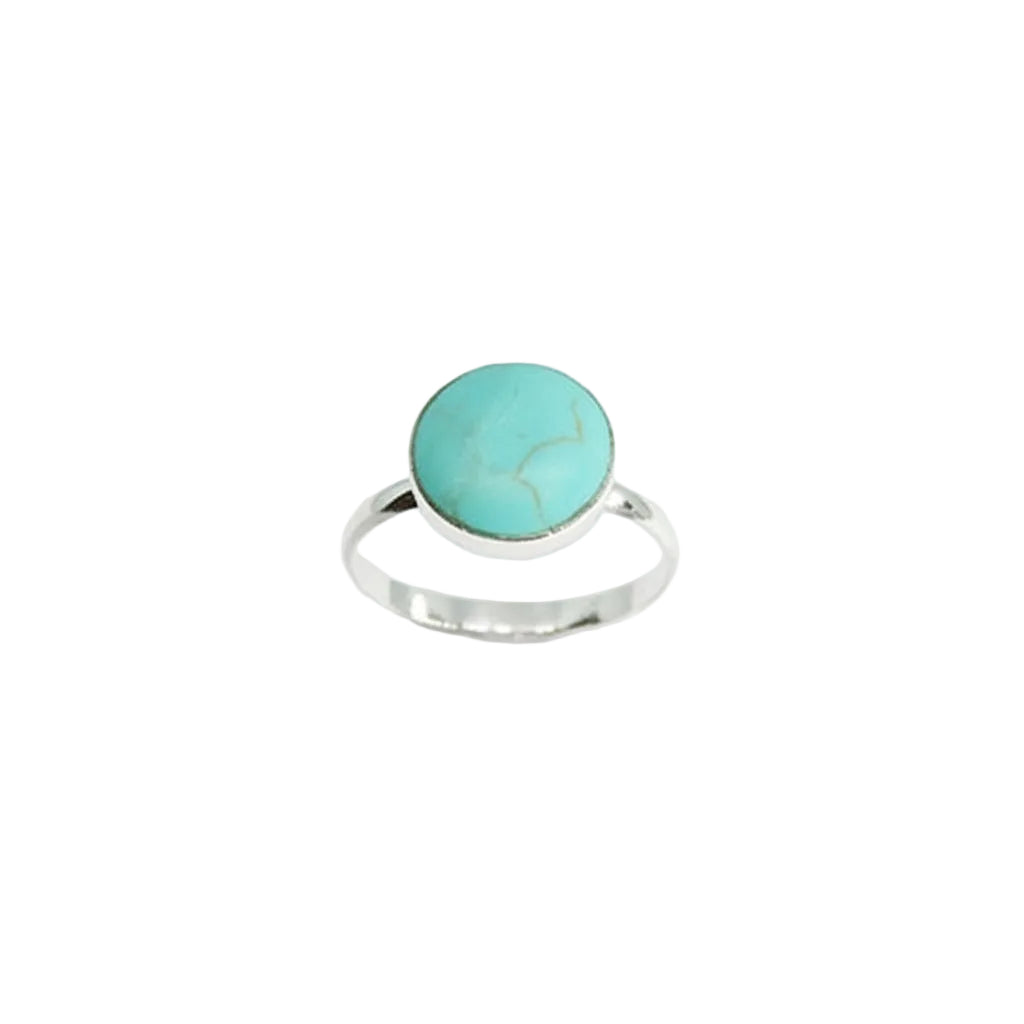 A sterling silver ring featuring a round turquoise cabochon stone