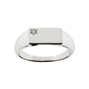 A polished silver signet ring featuring a rectangular flat top and a small engraved Star of David on the left side, shown against a plain white background.