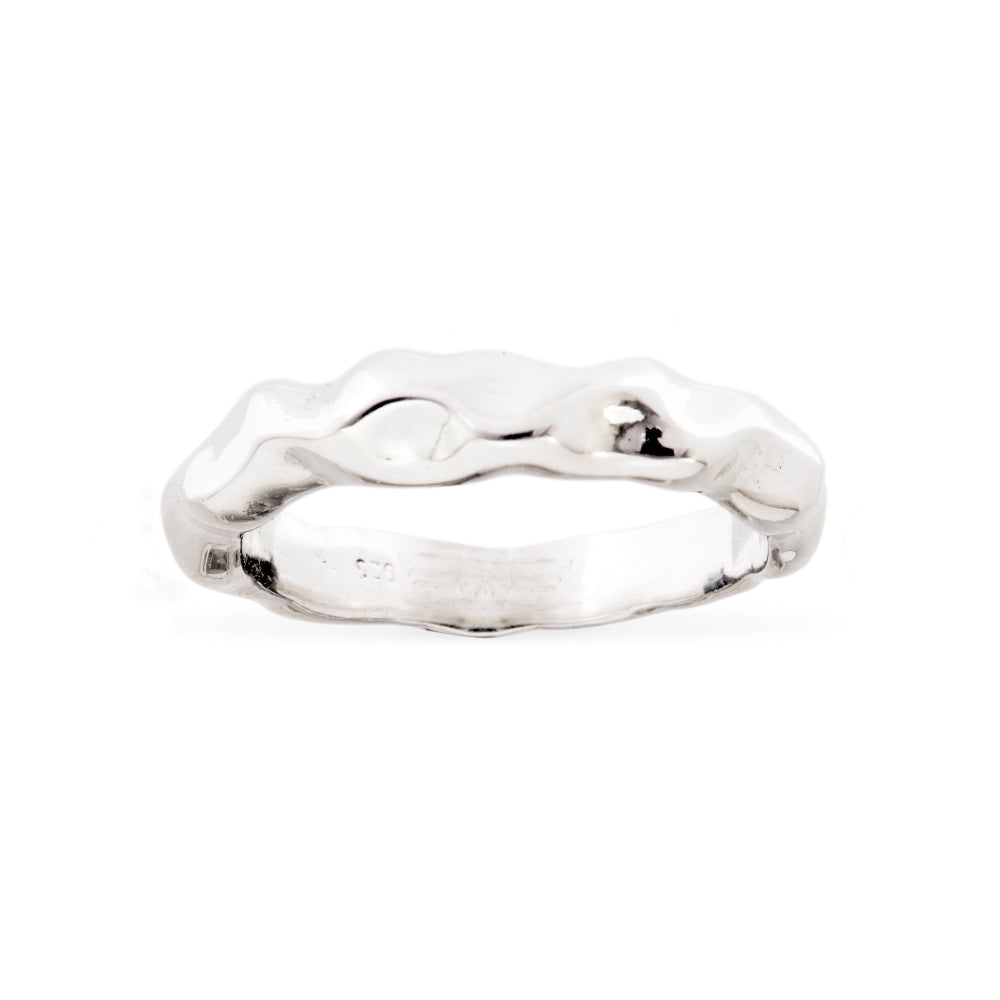 A polished silver ring with a wavy, organic textured band, shown against a plain white background.