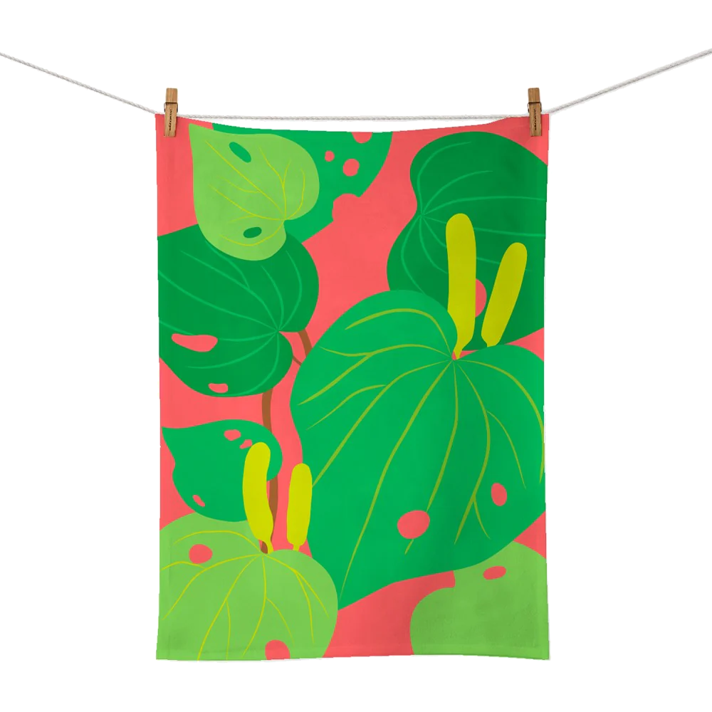 100 % NZ Tea Towel Bright Botanical Kawakawa