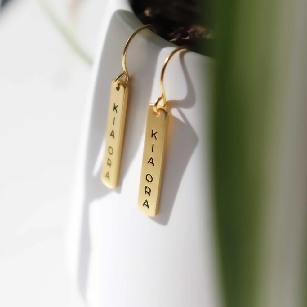 Little Taonga Earrings Te Reo Kia Ora Gold