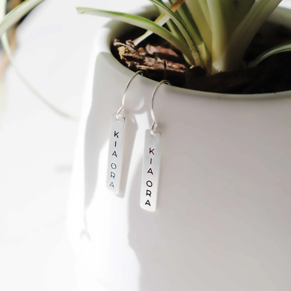 Little Taonga Earrings Te Reo  Kia Ora Silver