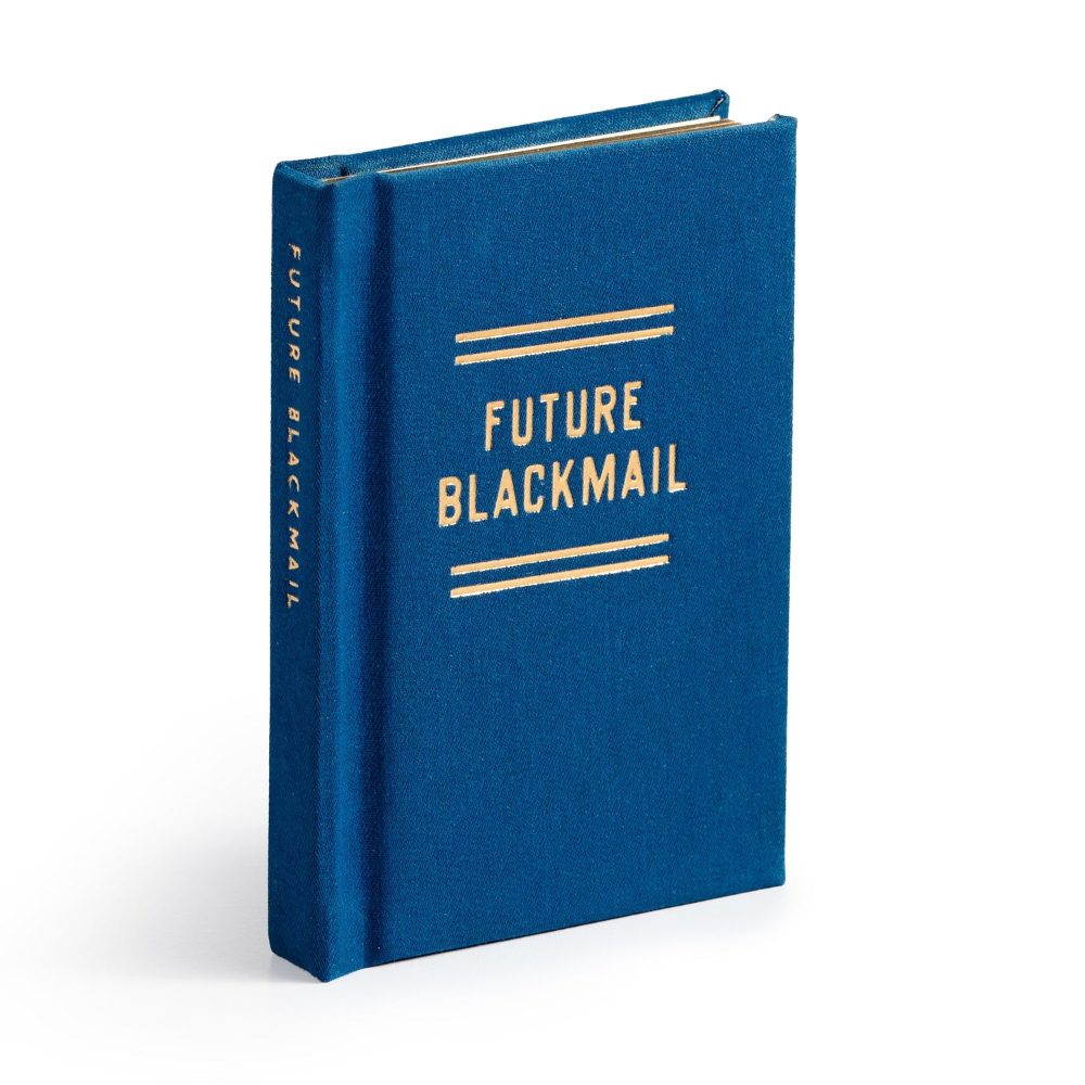 Blue book titled 'Future Blackmail' on a white background