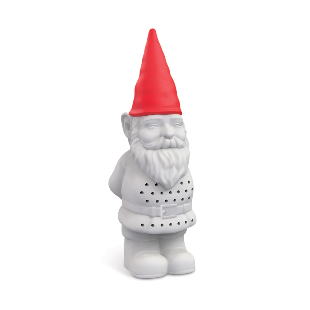 White garden gnome with a red hat on a white background