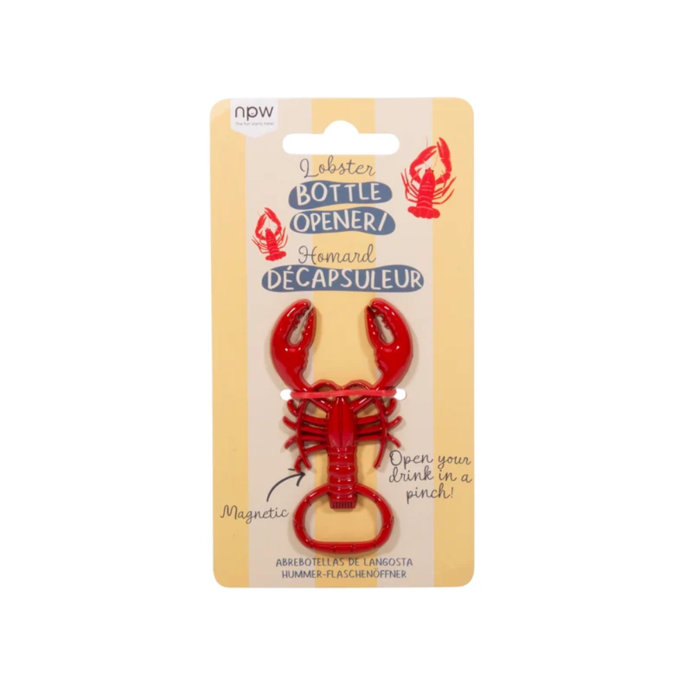 A red lobster-shaped bottle opener packaged on a beige card with French text, shown against a plain white background.