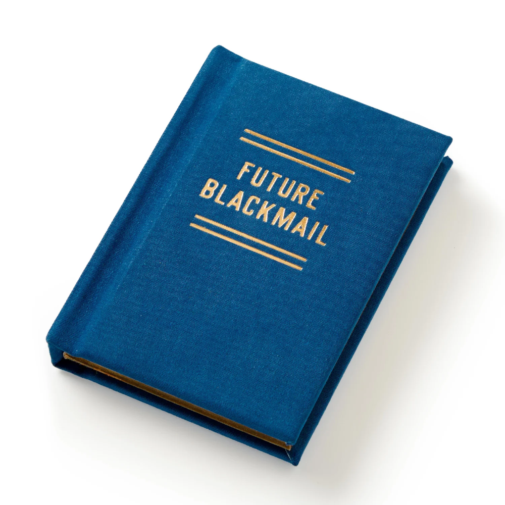 Blue book titled 'Future Blackmail' on a white background