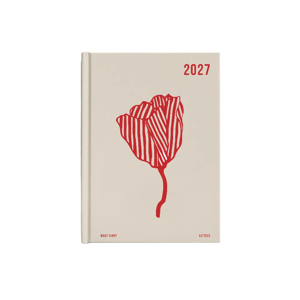 A 2027 daily diary with a beige cover featuring a red striped poppy illustration and the words '2027', 'DAILY DIARY', and 'LETTUCE'.