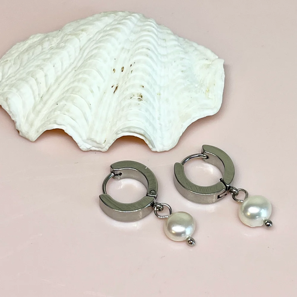 Penny Foggo Earrings Huggies Pearl Silver