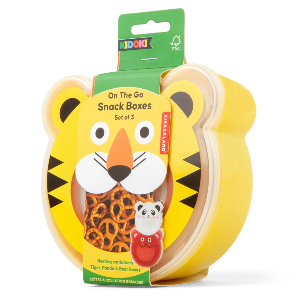 Yellow tiger-shaped snack box with a green lid featuring the brand 'Kiddoni'.