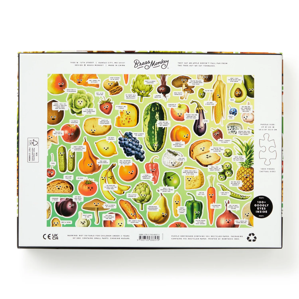 Puzzle box with colorful illustrations of fruits and vegetables on a white background