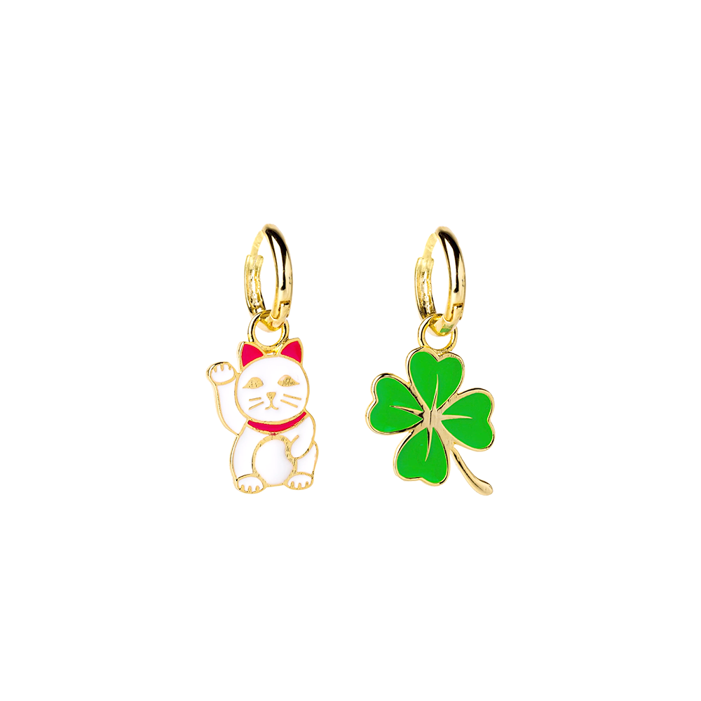 Yellow Owl Hoop Earrings Lucky Cat and Clover