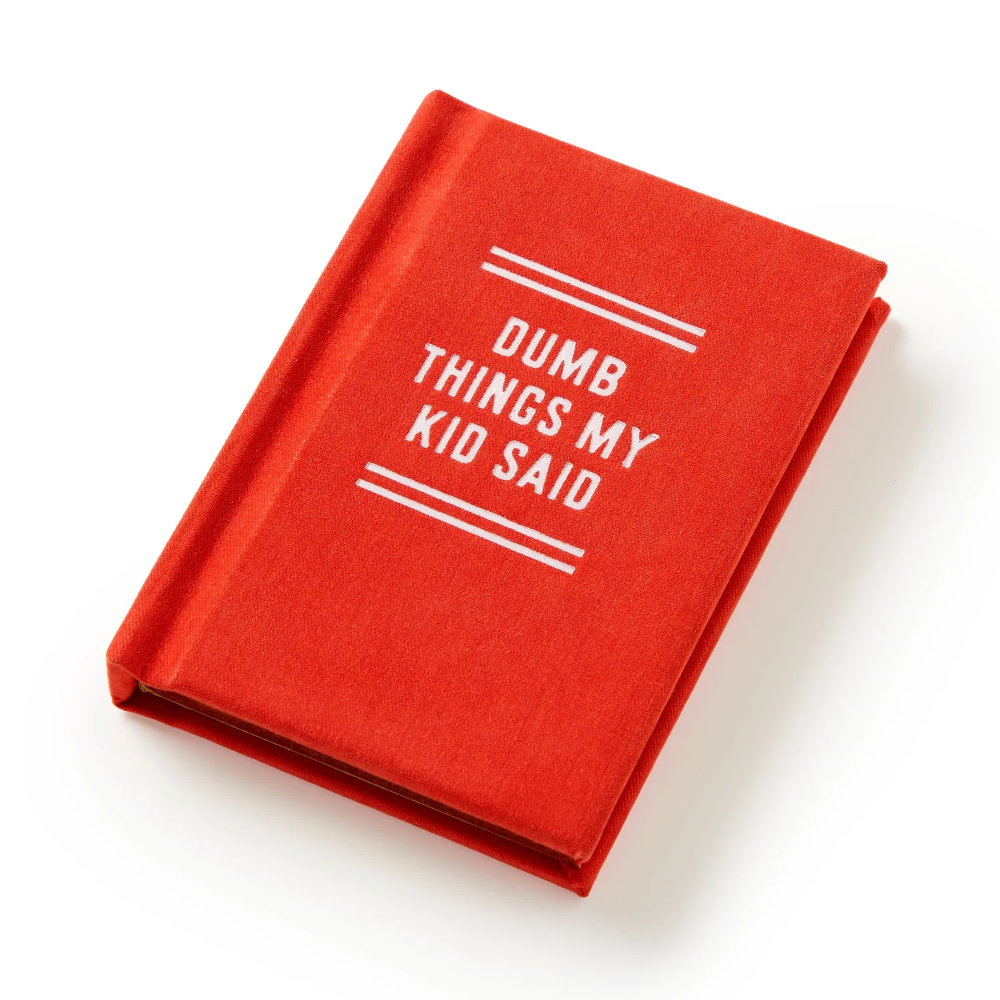 Red book titled 'Dumb Things My Kid Said' on a white background