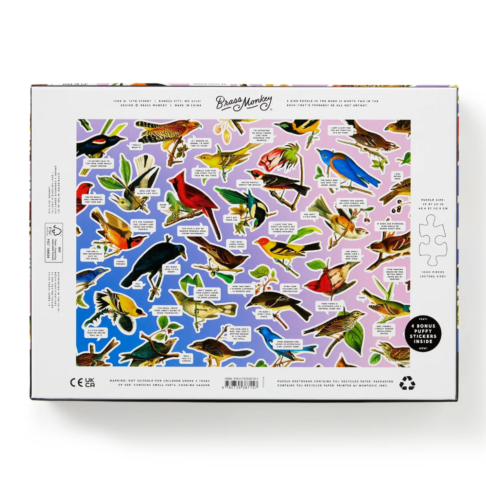 Bird-themed puzzle box with colorful illustrations of birds on a white background
