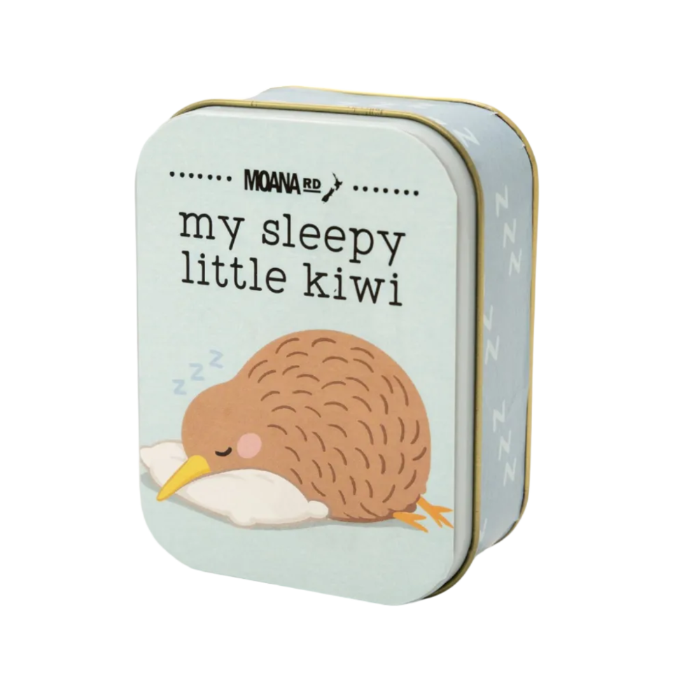 A square tin box with rounded corners, featuring the title 'my sleepy little kiwi' and an illustration of a sleeping kiwi bird on a pale blue cover. The brand name 'MOANA RD' is printed at the top, and the side shows 'Z Z Z' sleep marks.