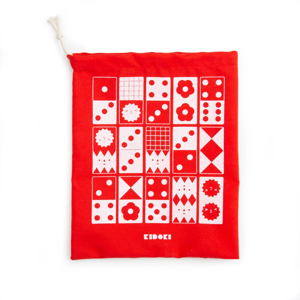 Red drawstring bag with white geometric pattern and 'KIDOKI' branding on a white background