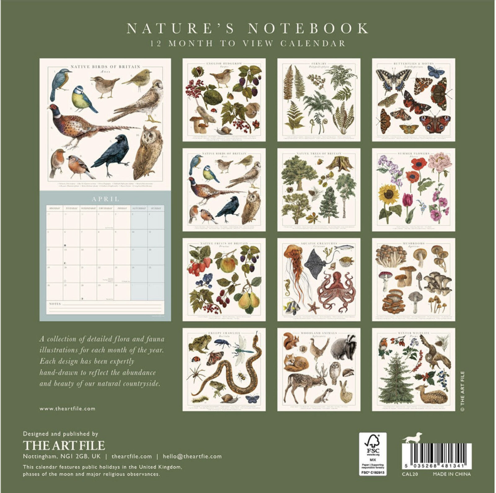 Back cover of a Nature's Notebook 12 Month to View Calendar by The Art File, featuring a sage green background with a grid of vintage-style natural history illustrations including birds, flowers, insects, and plants, plus product details and a barcode.