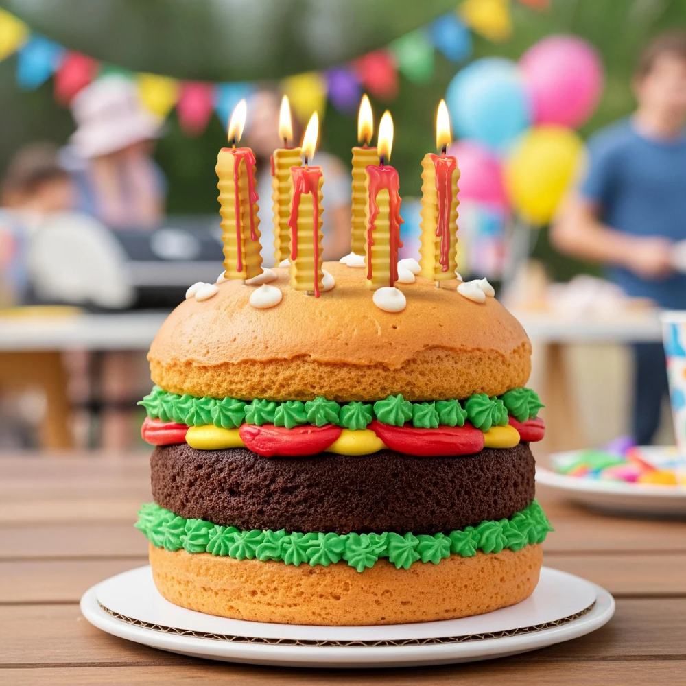 Hamburger-shaped birthday cake with lit fry shaped candles on a wooden table, blurred party background.