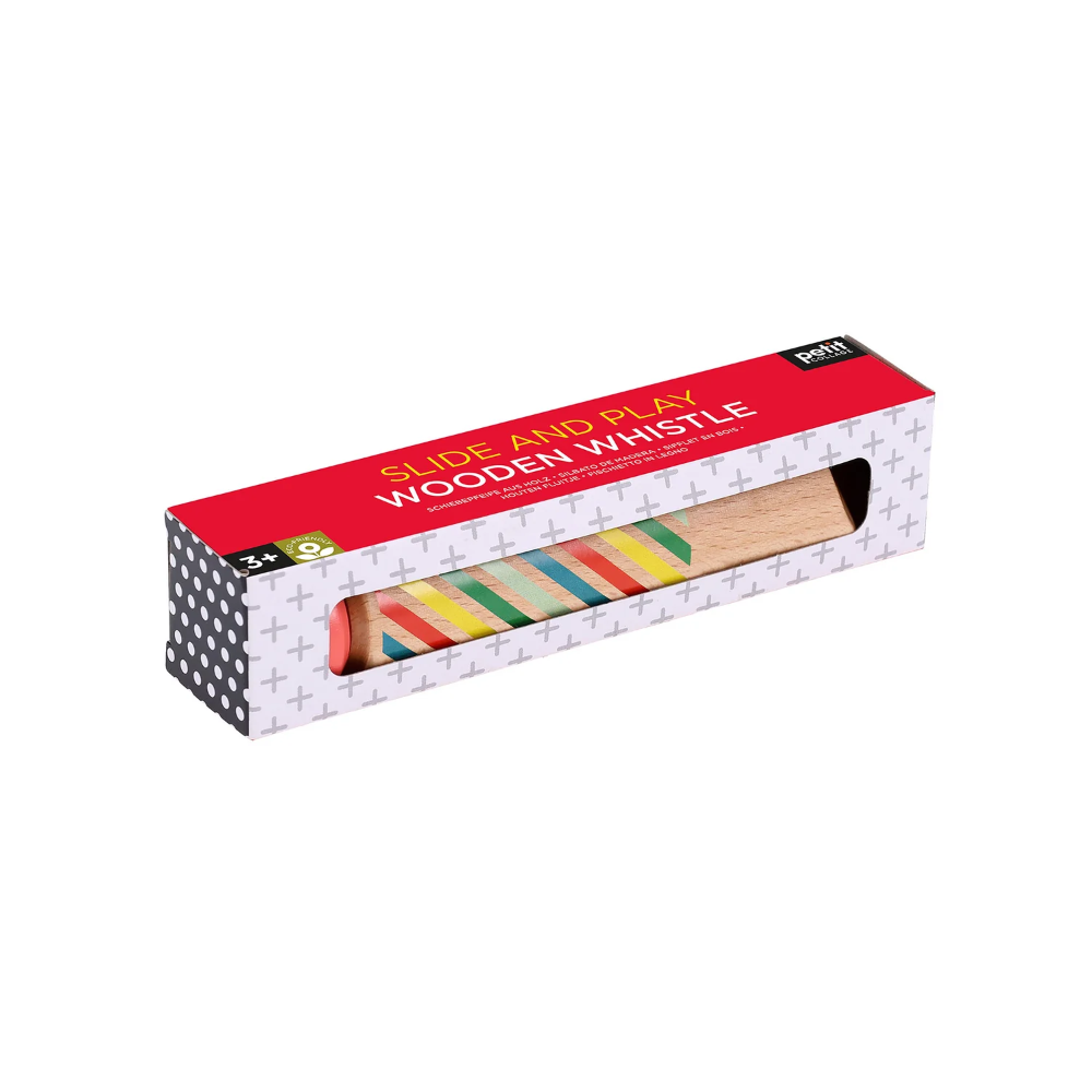 Boxed slide whistle with colorful blades on a white background