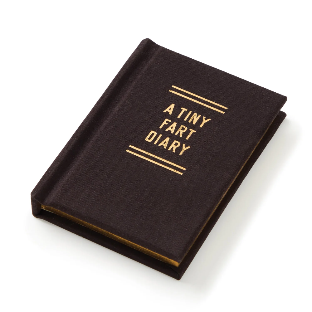 Black diary with 'A Tiny Fart Diary' text on a white background