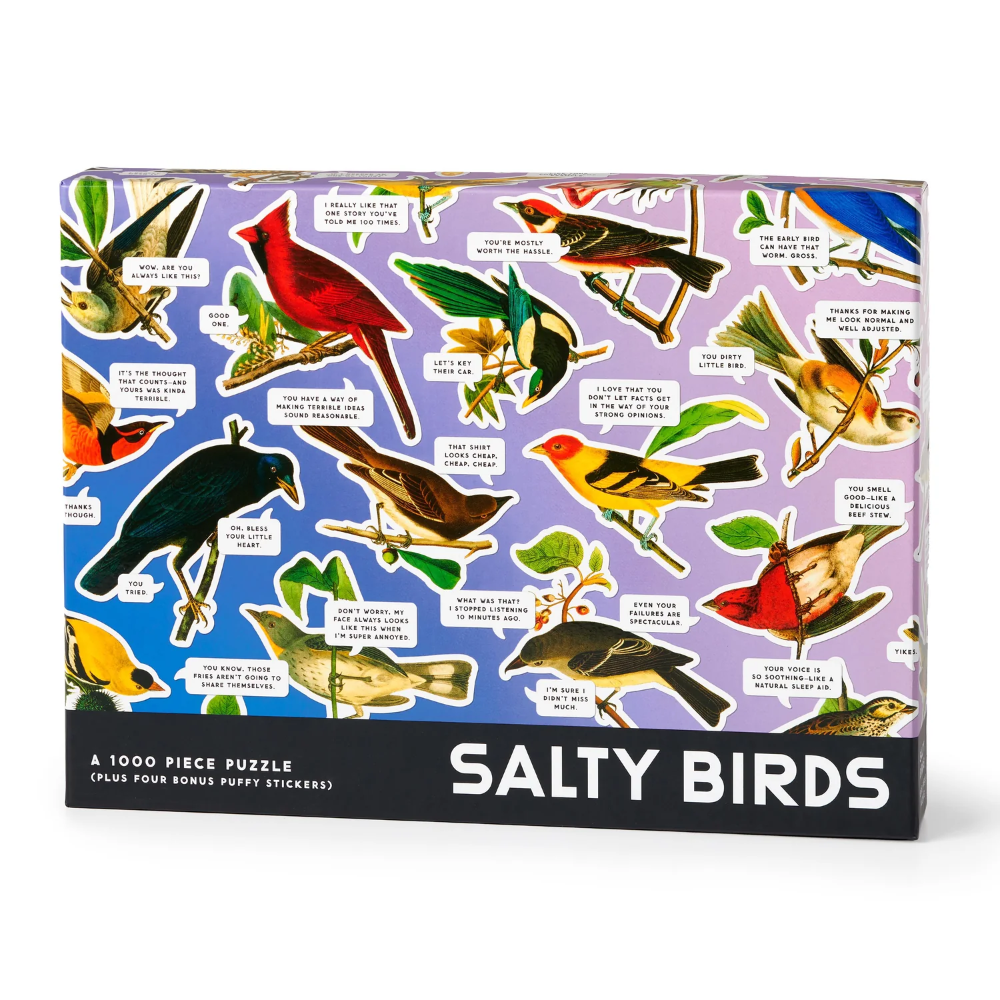 Salty Birds puzzle box with colorful bird illustrations on a purple background