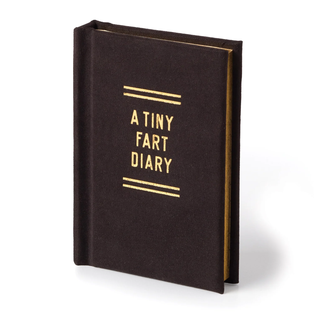 Black diary with 'A Tiny Fart Diary' text on a white background