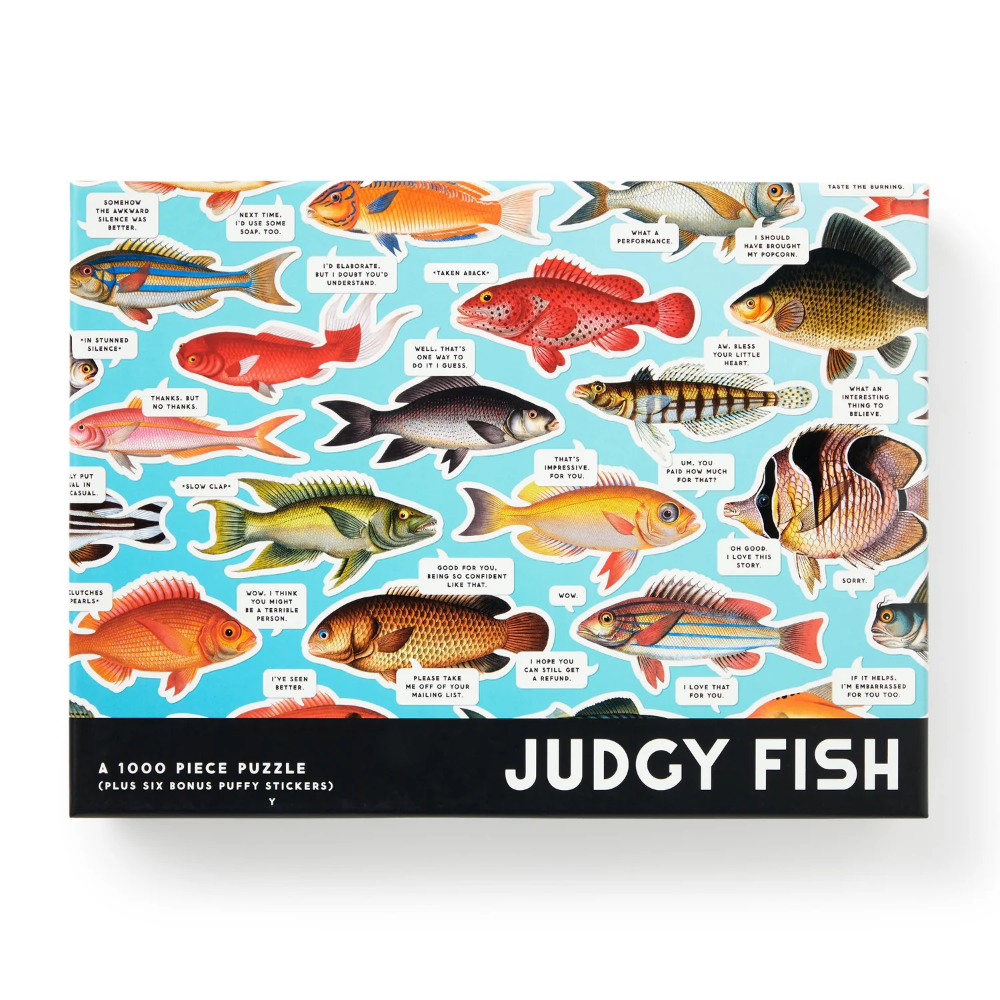 Judy Fish puzzle packaging with colorful fish illustrations on a blue background