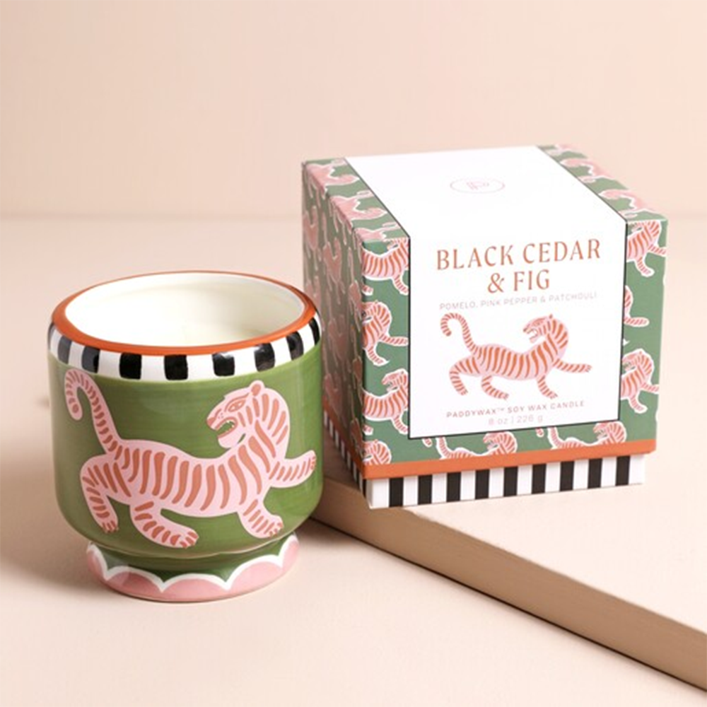Paddywax Adopo Tiger Ceramic Candle Black Cedar & Fig 226g