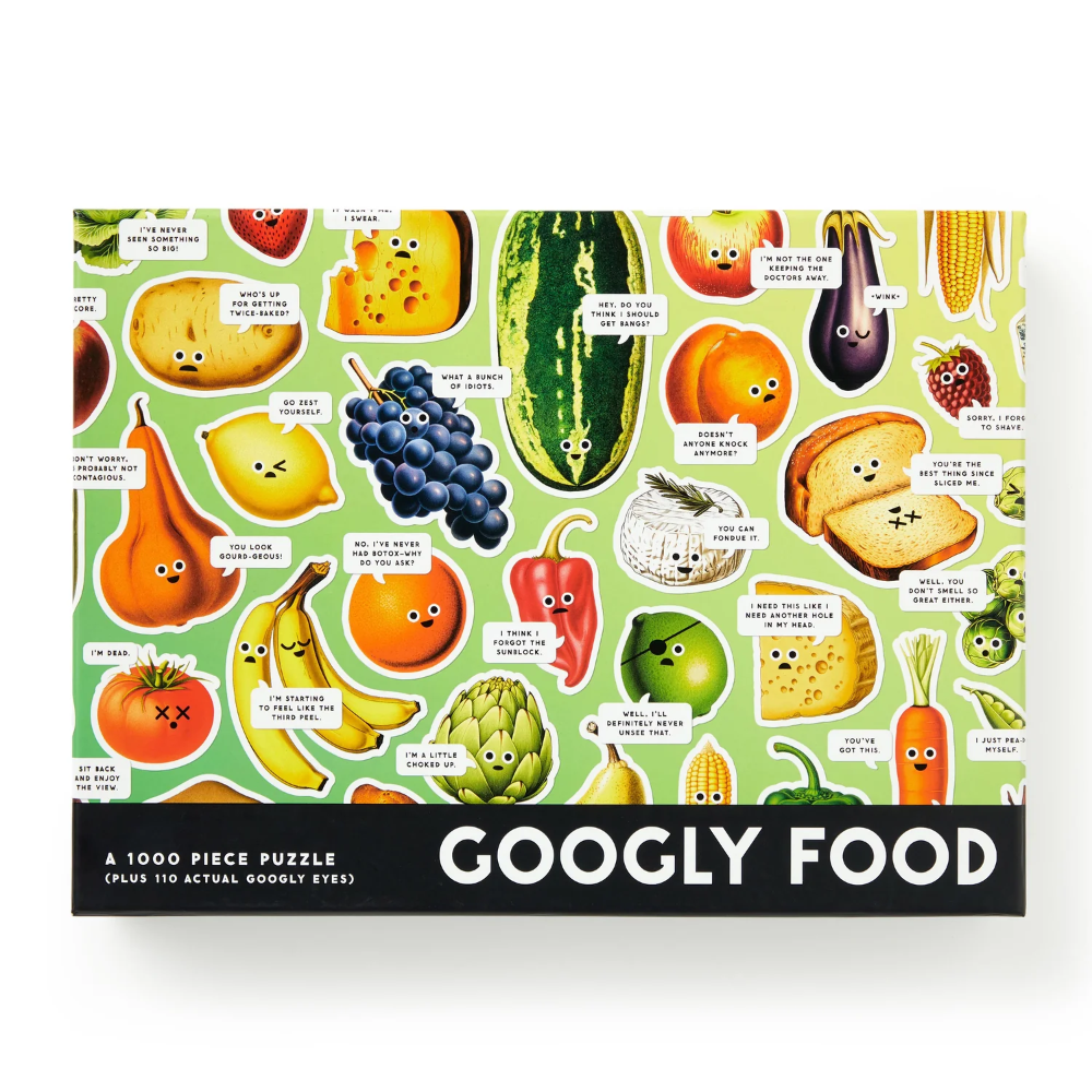 Googly Food puzzle box with colorful illustrations of fruits and vegetables on a green background