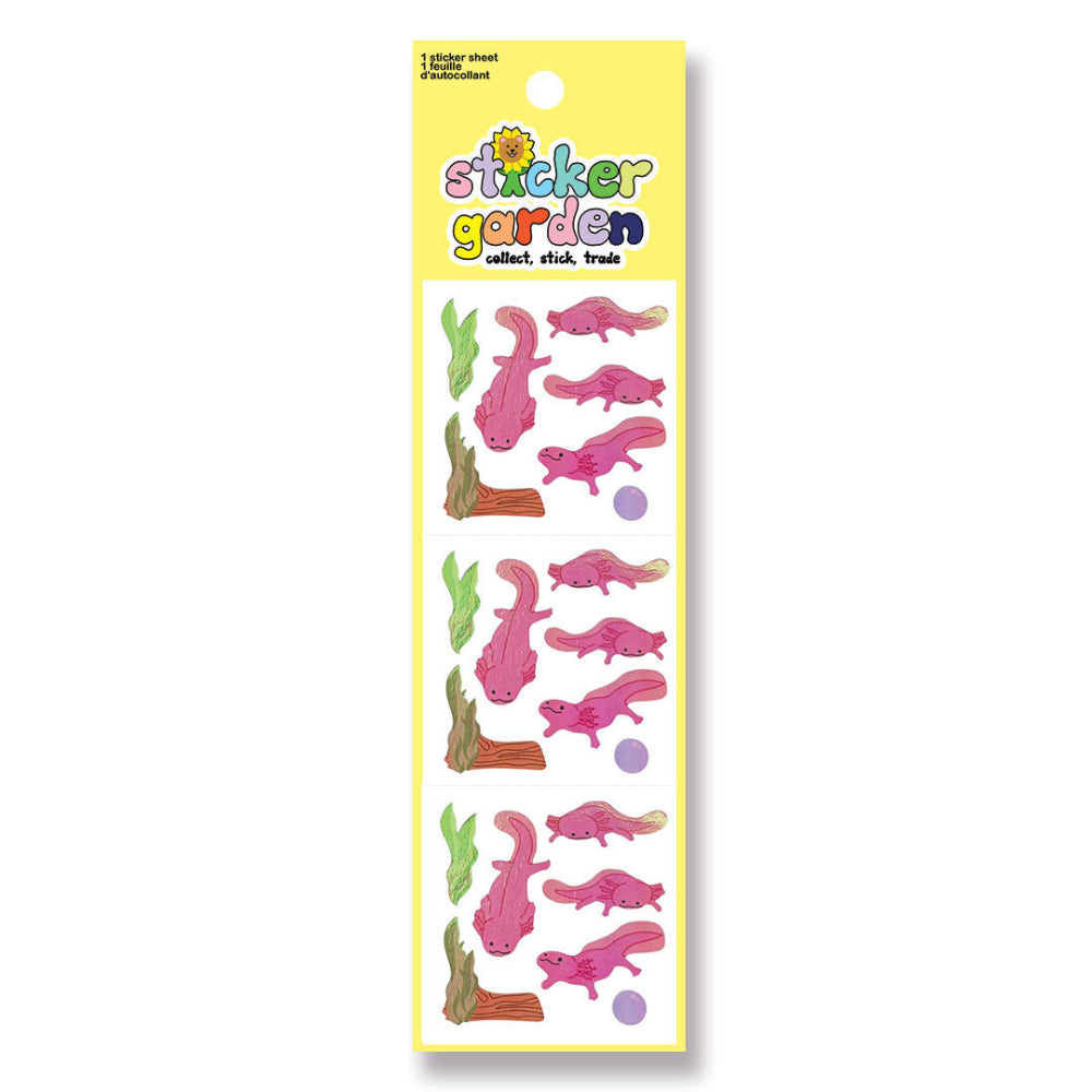 A vertical sticker sheet package labeled 'sticker garden' with cartoon pink salamanders, green plants, and brown logs on a pale yellow backing card, shown against a white background.