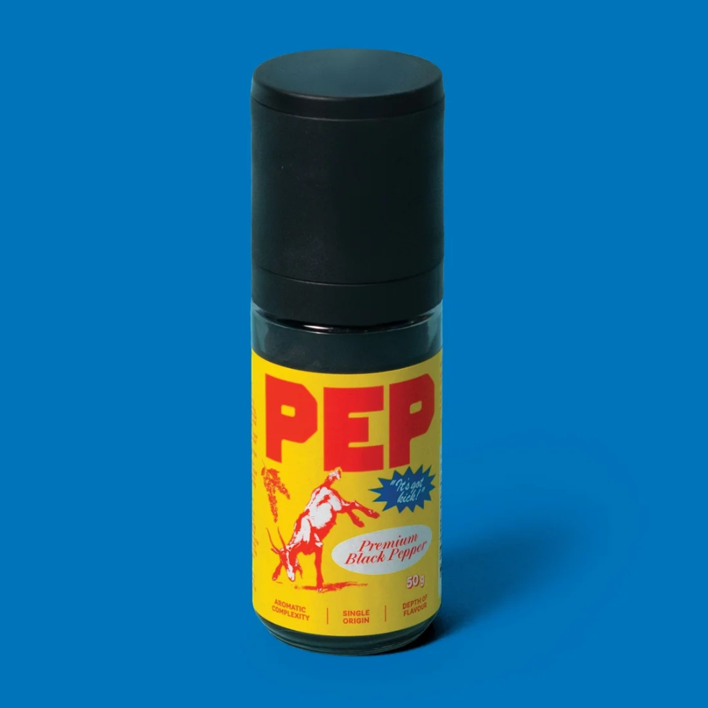 Bottle of 'PEP' black pepper on a blue background
