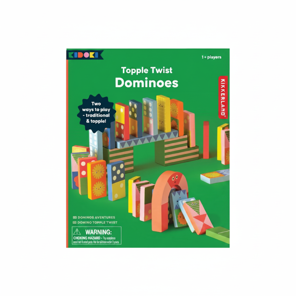 Topple Twist Dominoes game packaging by KidKari on a green background