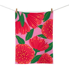 100 % NZ Tea Towel Bright Botanical Pōhutukawa