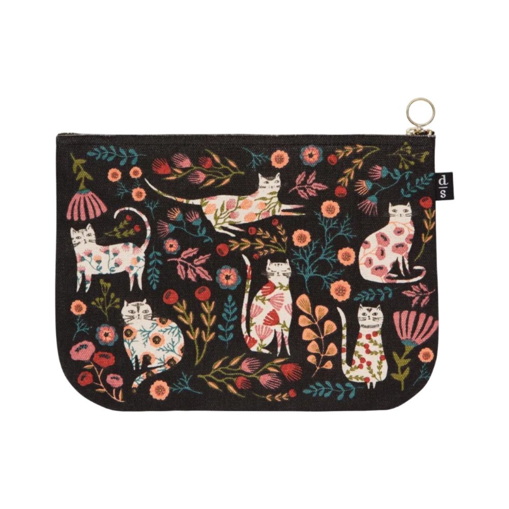 Pouch with cat and floral pattern on a black background