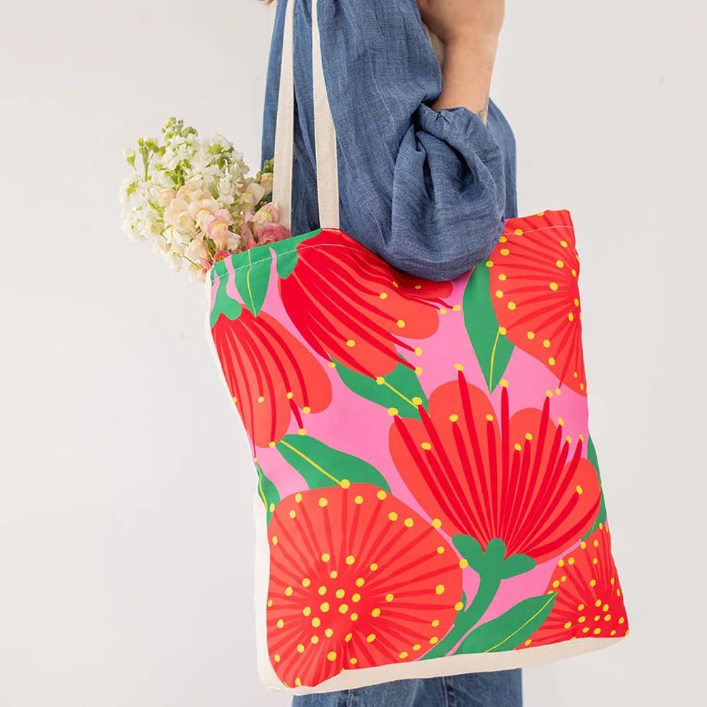 100% NZ Shopping Bag Bright Botanical Pink Pōhutukawa