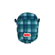 Green plaid pouch with a visible brand logo on a white background