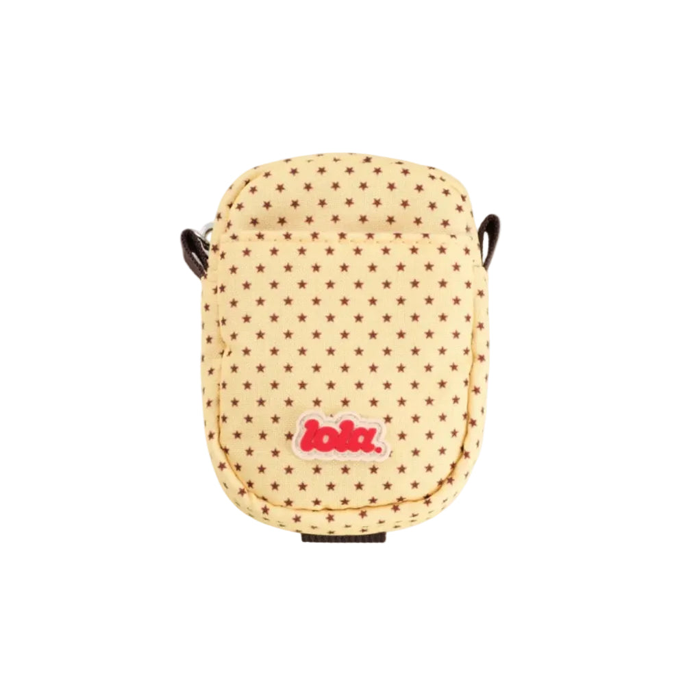 Yellow case with star pattern and 'Lola' branding on a white background