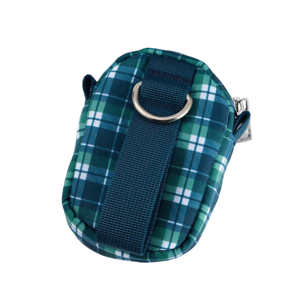 A small green and blue plaid pouch with a dark blue webbing strap and a silver metal D-ring, shown on a plain white background.